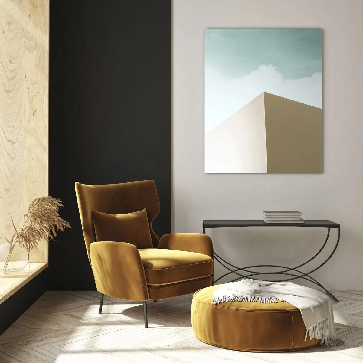 Glasbild - Bild auf glas - Minimalistische Architektur mit pastellfarbenen Blöcken und Himmel - 70x100cm - Geometrie des sonnigen Sommers - Moderne Wanddekoration für Wohnzimmer und Schlafzimmer ARTTOR