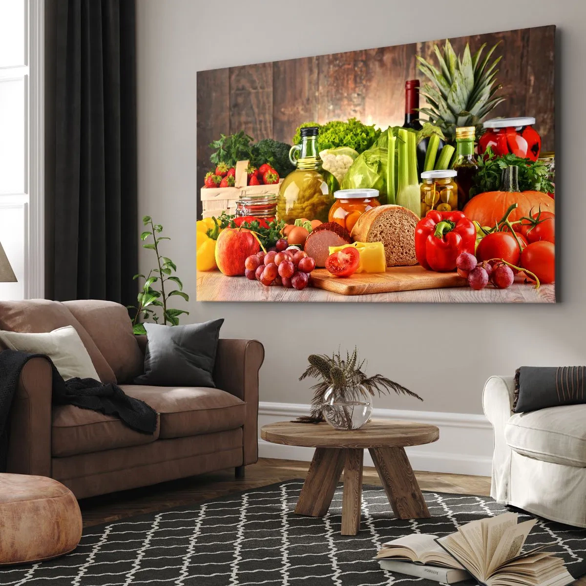Bild auf Leinwand - Leinwandbild - Buntes Obst, Gemüse und Lebensmittel - 70x50cm - Geräuchert, gebacken und eingelegt - Moderne Wanddekoration für Wohnzimmer und Schlafzimmer ARTTOR