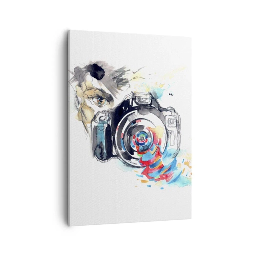 Bild auf Leinwand - Leinwandbild - Aquarellkamera mit farbenfrohen Details - 50x70cm - Im Auge der Linse - Moderne Wanddekoration für Wohnzimmer und Schlafzimmer ARTTOR