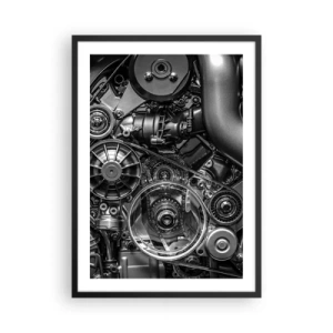 Poster in einem schwarzem Rahmen - Detaillierte Nahaufnahme der mechanischen Komponenten des Motors in Schwarzweiß - 50x70cm - Die Poesie der Mechanik - Moderne Wanddekoration für Wohnzimmer und Schlafzimmer ARTTOR