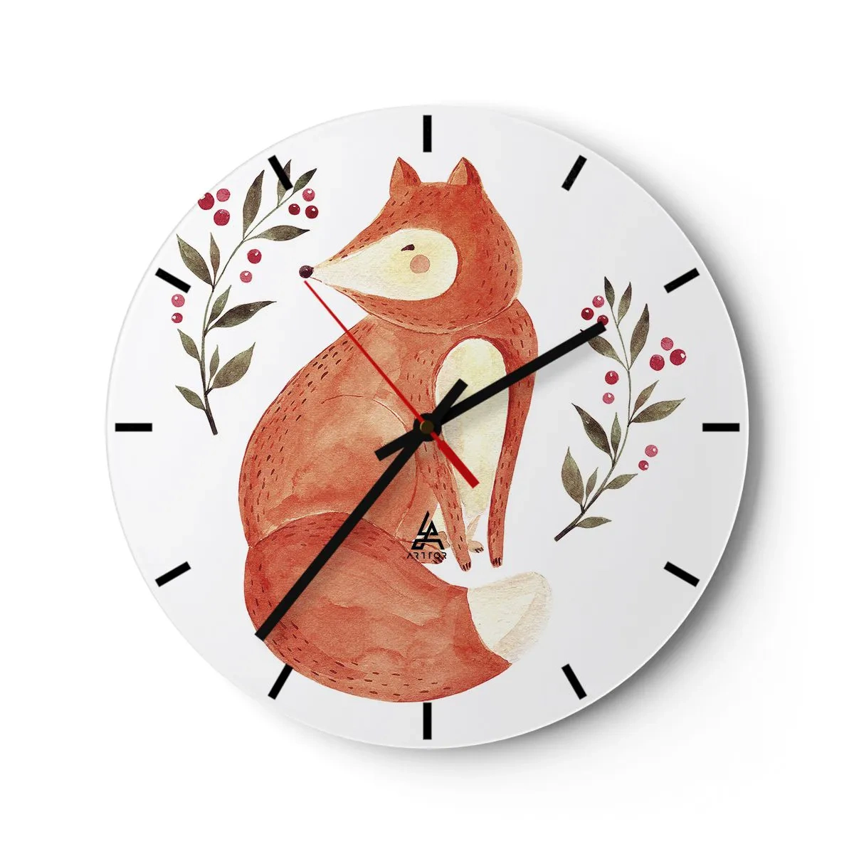 Wanduhr - Glasuhr - Illustration eines Rotfuchses, umgeben von Zweigen mit Beeren - 30x30cm - Kleine Rothaarige - Moderne Wanddekoration für Wohnzimmer, Küche und Schlafzimmer ARTTOR
