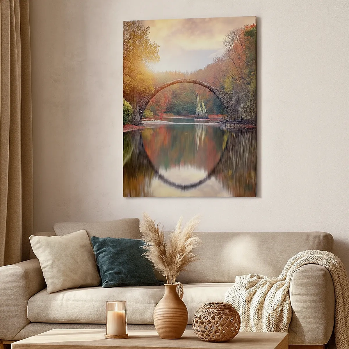 Bild auf Leinwand - Leinwandbild - Eine Steinbrücke in einer Herbstlandschaft über ruhigem Wasser - 50x70cm - Auf der anderen Seite des Spiegels - Moderne Wanddekoration für Wohnzimmer und Schlafzimmer ARTTOR