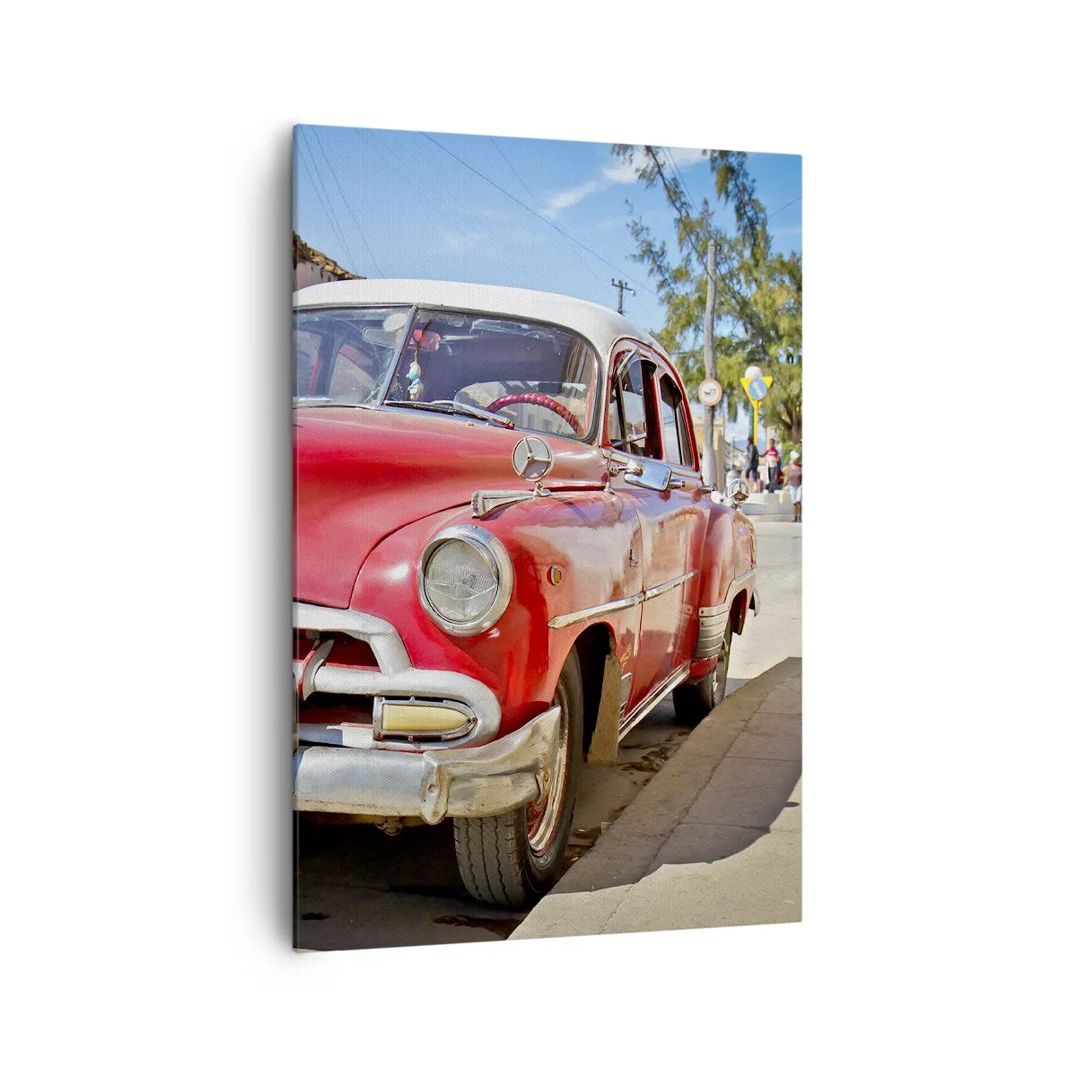 Bild auf Leinwand - Leinwandbild - Ein roter Oldtimer, der an einem sonnigen Tag auf der Straße geparkt ist - 70x100cm - Nur in Kuba - Moderne Wanddekoration für Wohnzimmer und Schlafzimmer ARTTOR