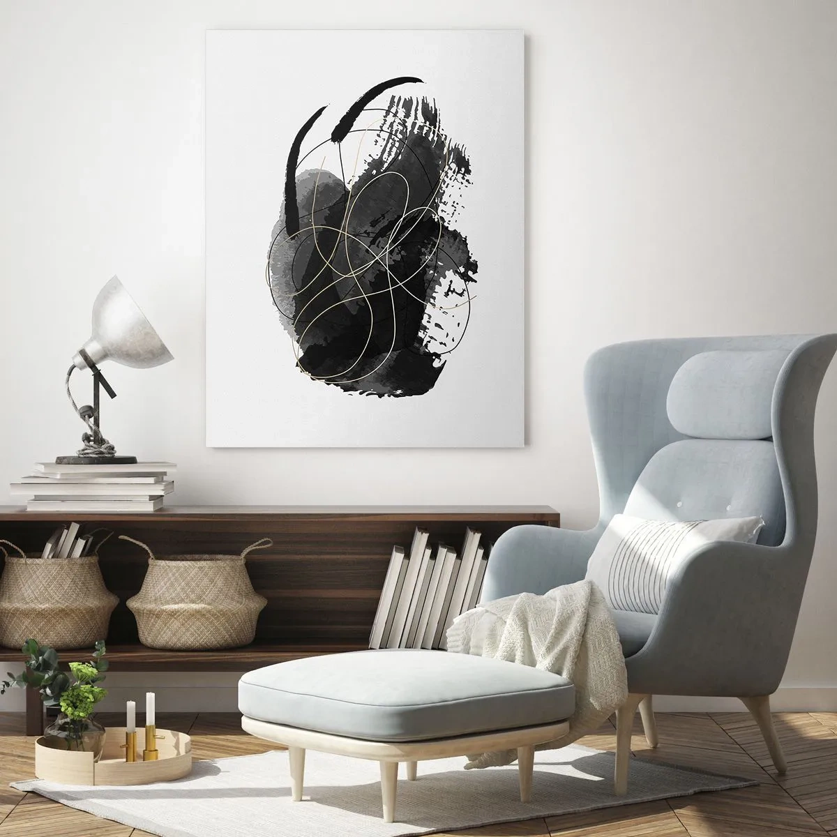 Glasbild - Bild auf glas - Eine abstrakte Komposition aus Schwarz mit goldenen Akzenten - 50x70cm - Aus Schwarz entstanden - Moderne Wanddekoration für Wohnzimmer und Schlafzimmer ARTTOR