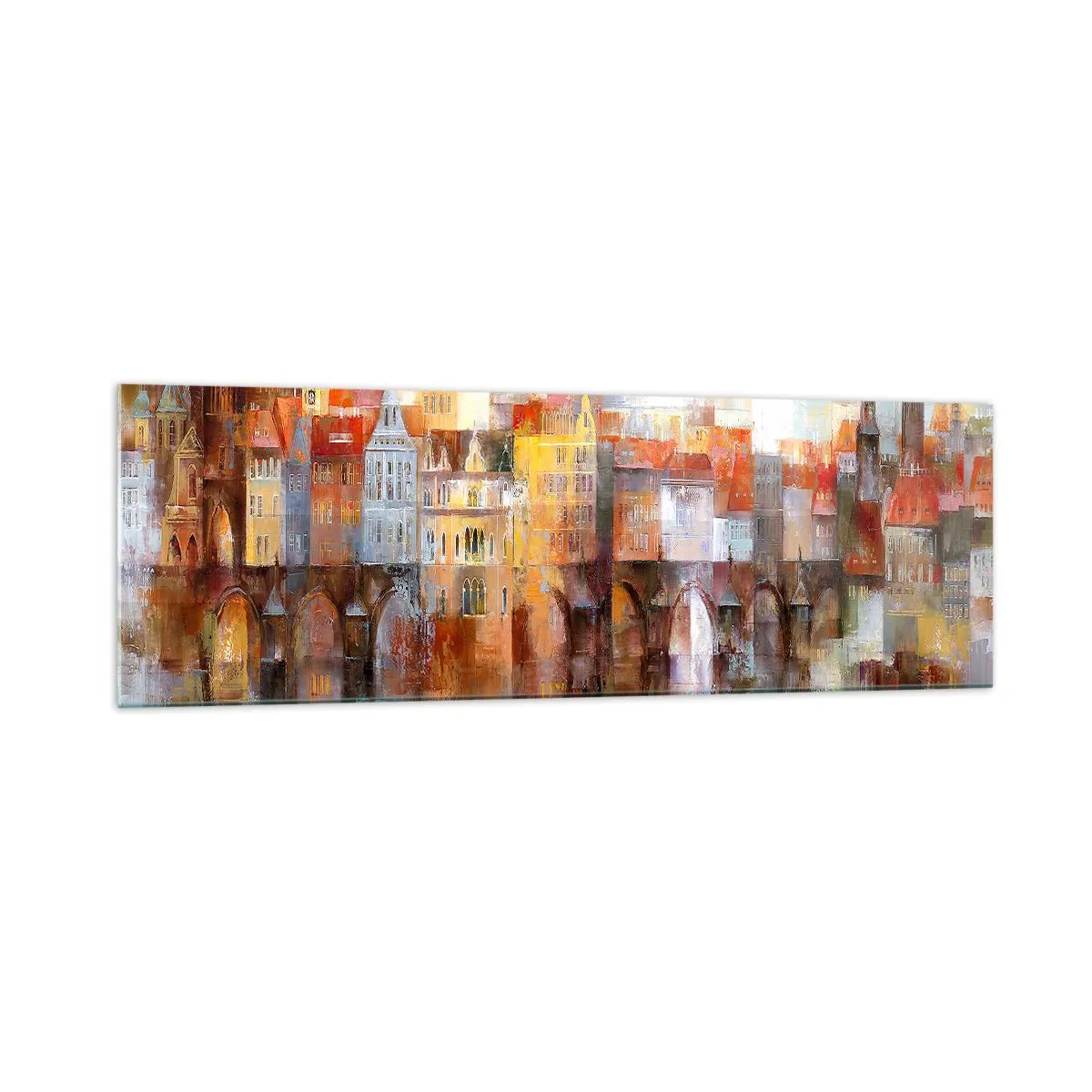 Glasbild - Bild auf glas - Ein malerisches Panorama der Stadt mit einer Brücke in Herbstfarben - 160x50cm - Schön ist es auch unter der Brücke - Moderne Wanddekoration für Wohnzimmer und Schlafzimmer ARTTOR