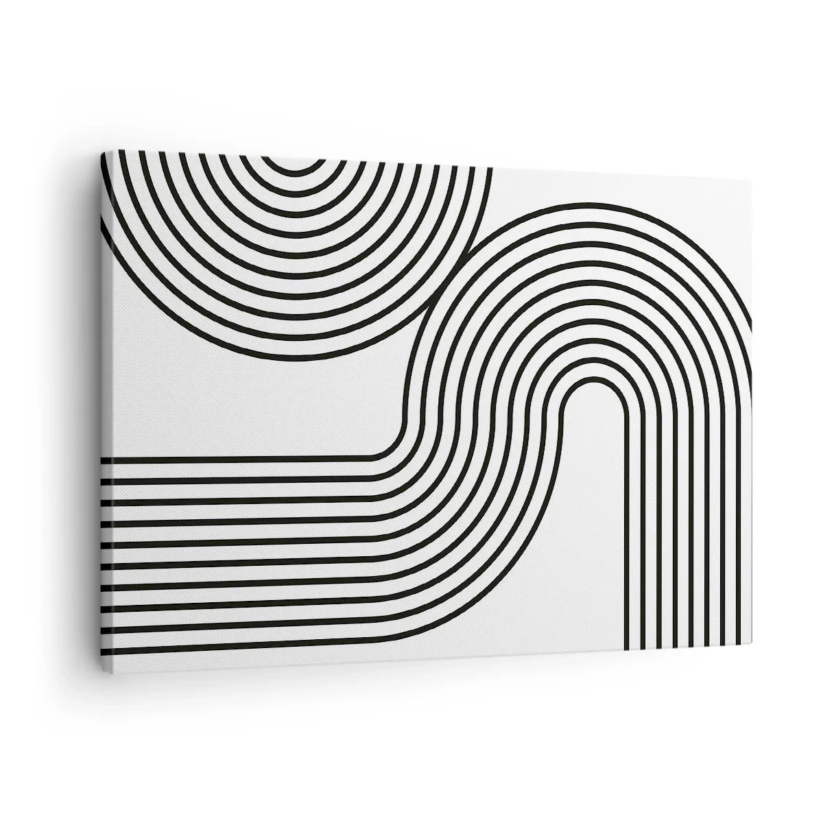 Bild auf Leinwand - Leinwandbild - Ein abstraktes Gemälde mit schwarzen Linien, die geometrische Muster auf weißem Hintergrund erzeugen. - 70x50cm - An der Kurve - Moderne Wanddekoration für Wohnzimmer und Schlafzimmer ARTTOR
