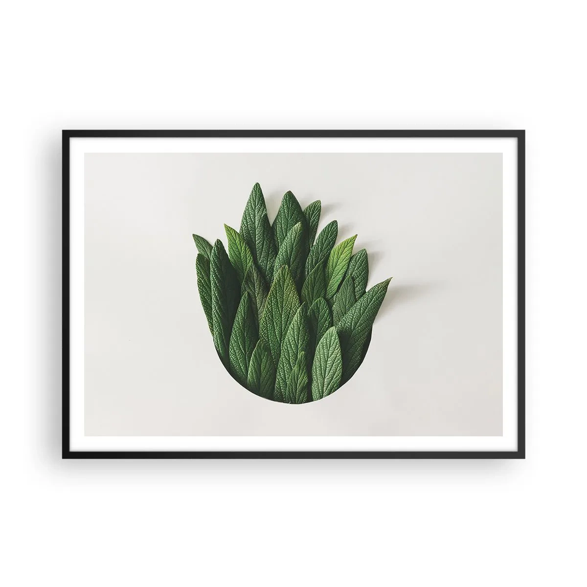 Poster in einem schwarzem Rahmen - Eine Komposition aus grünen Blättern auf hellem Hintergrund - 100x70cm - Ungebremste Neugier - Moderne Wanddekoration für Wohnzimmer und Schlafzimmer ARTTOR