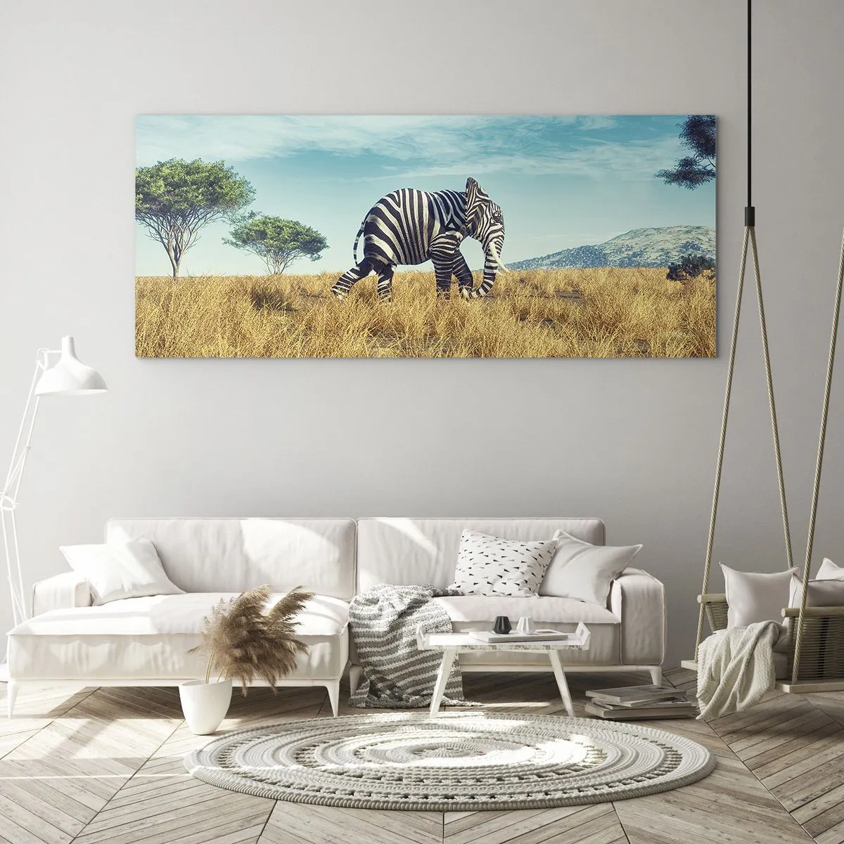Glasbild - Bild auf glas - Zebra in einer afrikanischen Landschaft - 120x50cm - Grau ist nicht mehr in Mode - Moderne Wanddekoration für Wohnzimmer und Schlafzimmer ARTTOR