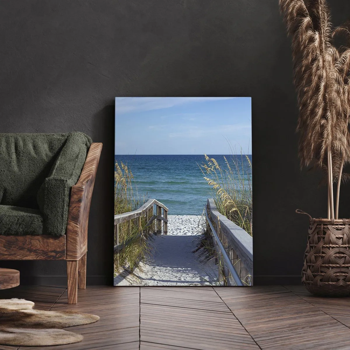 Bild auf Leinwand - Leinwandbild - Weg zum Strand mit Meerblick - 80x120cm - In der Sonne, im Wind - Moderne Wanddekoration für Wohnzimmer und Schlafzimmer ARTTOR