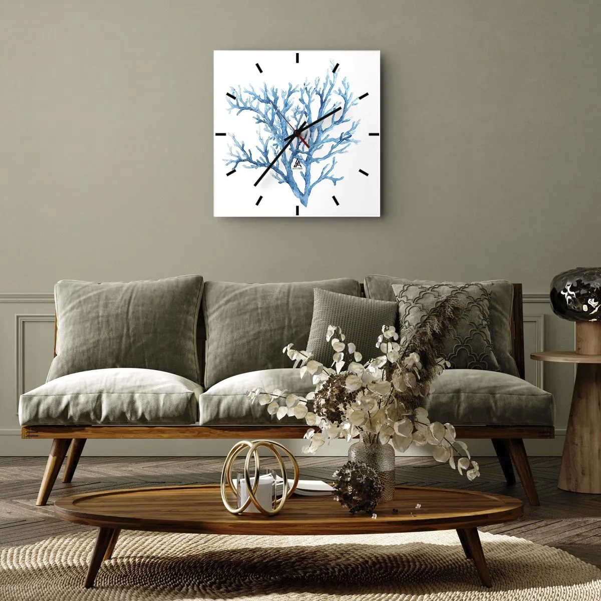 Wanduhr - Glasuhr - Blaue Koralle auf weißem Hintergrund mit minimalistischem Flair - 30x30cm - Nautisches Filigran - Moderne Wanddekoration für Wohnzimmer und Schlafzimmer ARTTOR