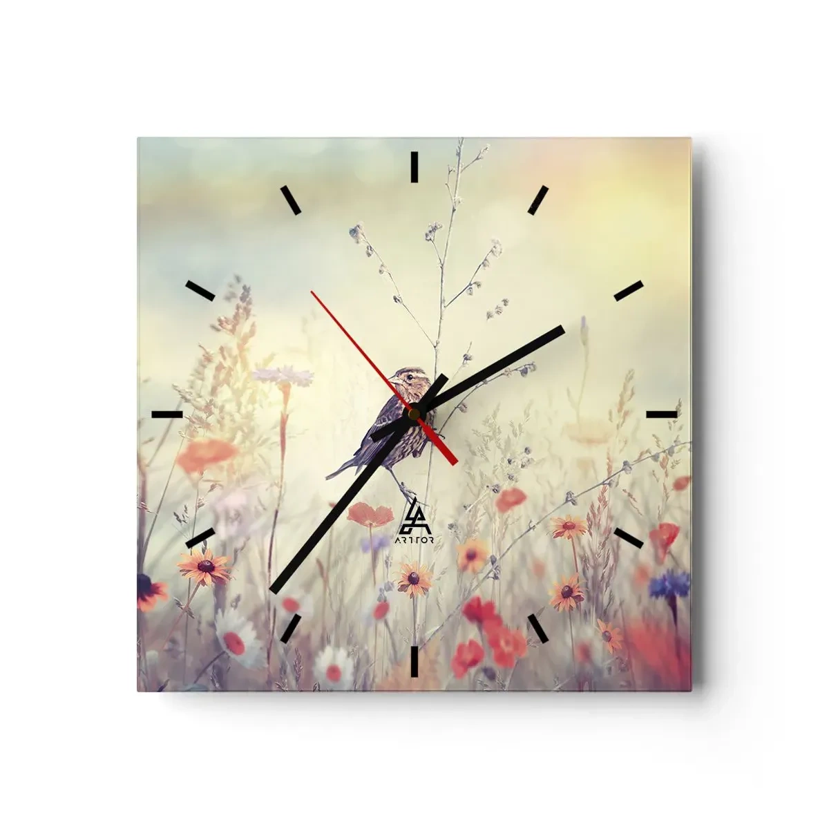 Wanduhr - Glasuhr - Ein Vogel vor dem Hintergrund einer bunten Wiese in Pastellfarben - 30x30cm - Vogelporträt mit einer Wiese im Hintergrund - Moderne Wanddekoration für Wohnzimmer und Schlafzimmer ARTTOR