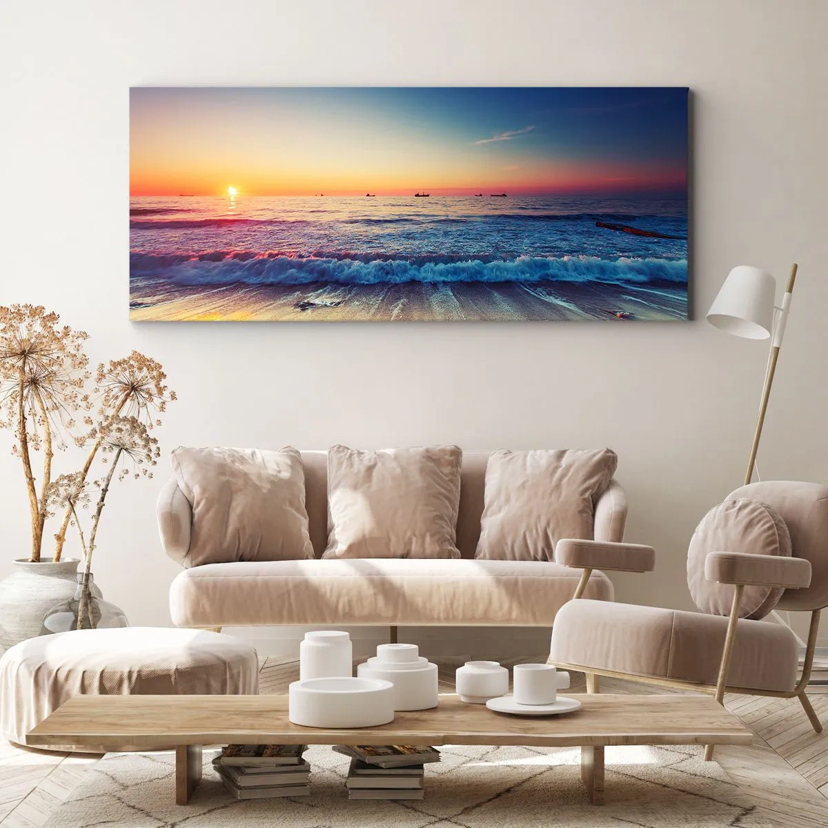 Bild auf Leinwand - Leinwandbild - Sonnenuntergang über einem ruhigen Meer mit Wellen - 120x50cm - Was ist mit dem Horizont? - Moderne Wanddekoration für Wohnzimmer und Schlafzimmer ARTTOR