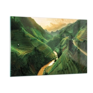 Glasbild - Bild auf glas - Malerische Reisterrassen im Tal bei Sonnenuntergang - 120x80cm - Vietnamesisches Tal - Moderne Wanddekoration für Wohnzimmer und Schlafzimmer ARTTOR