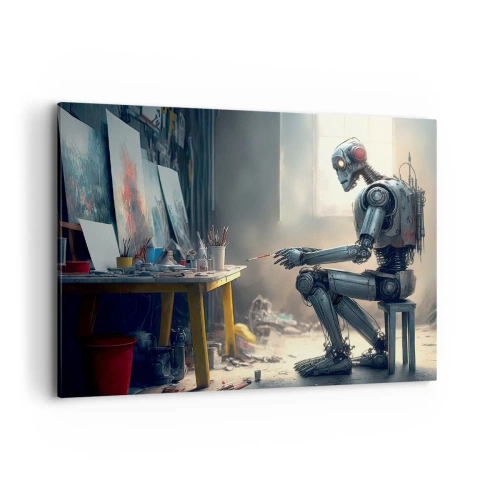 Bild auf Leinwand - Leinwandbild - Ein Roboter malt ein Bild in einem Kunstatelier - 100x70cm - Schöpfungsakt - Moderne Wanddekoration für Wohnzimmer und Schlafzimmer ARTTOR