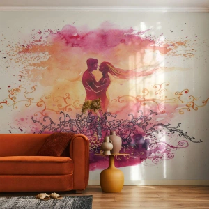 Fototapete Premium Sand - Silhouetten eines verliebten Paares in einer Aquarell-Umgebung - 100x70cm - Ein Herz! ich brauche so wenig... - Moderne Wanddekoration für Wohnzimmer und Schlafzimmer ARTTOR