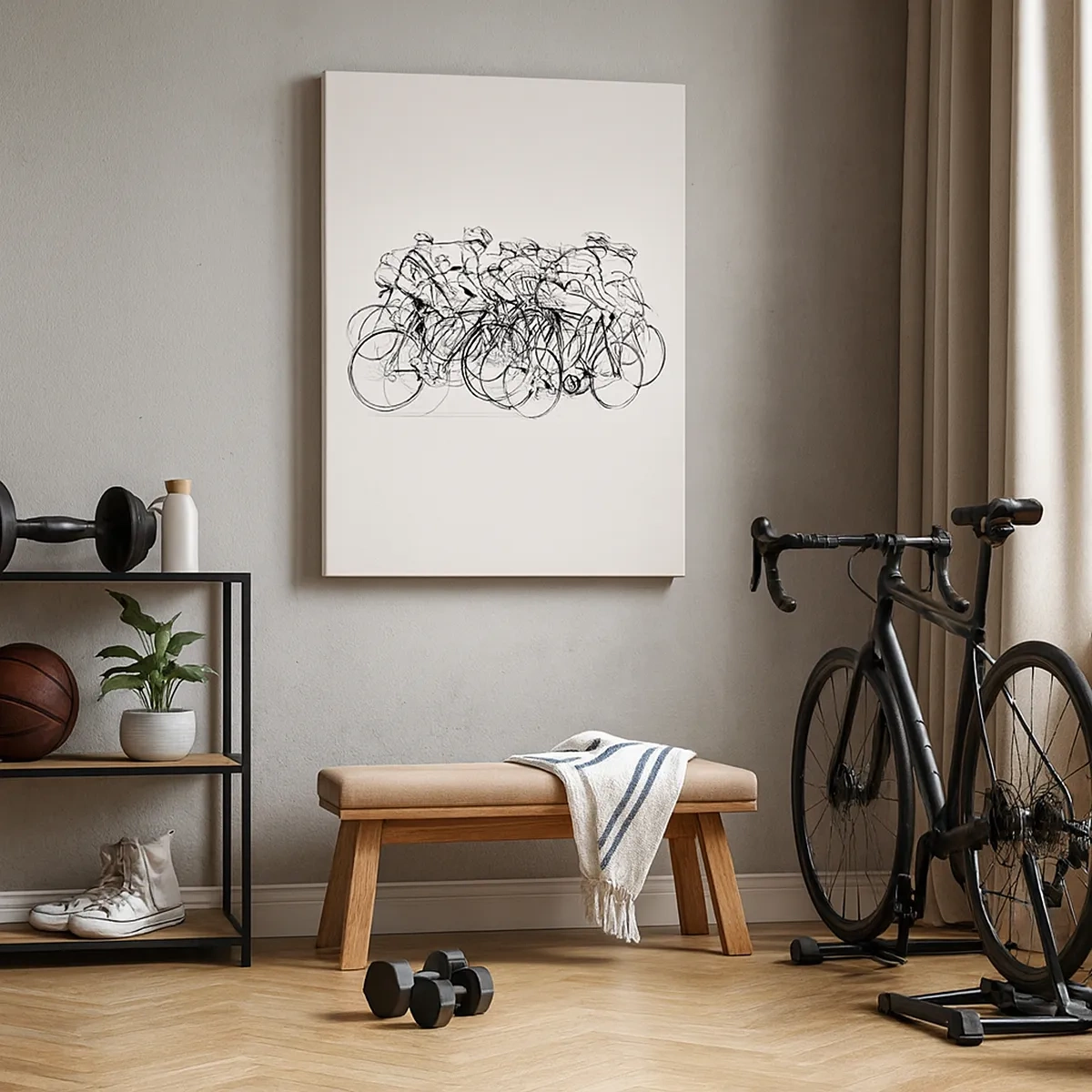 Bild auf Leinwand - Leinwandbild - Eine Gruppe von Radfahrern in Bewegung im minimalistischen Stil - 50x70cm - Gemeinsam als Team - Moderne Wanddekoration für Wohnzimmer und Schlafzimmer ARTTOR