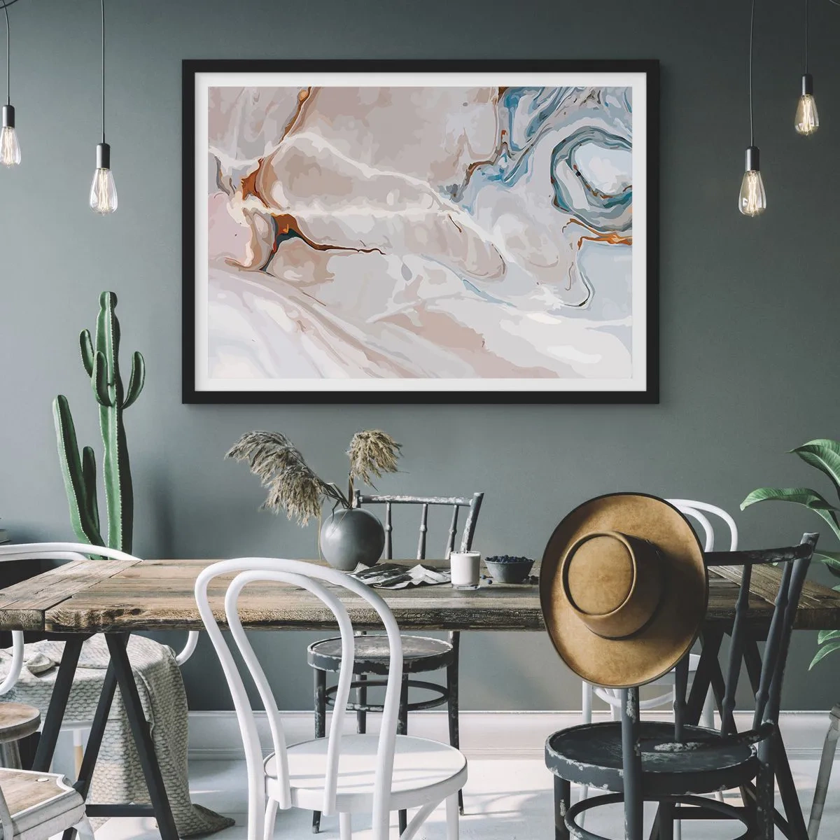 Poster in einem schwarzem Rahmen - Abstraktes Muster in Weiß- und Blautönen - 70x50cm - Blau schlängelt sich unter dem Weiß - Moderne Wanddekoration für Wohnzimmer und Schlafzimmer ARTTOR