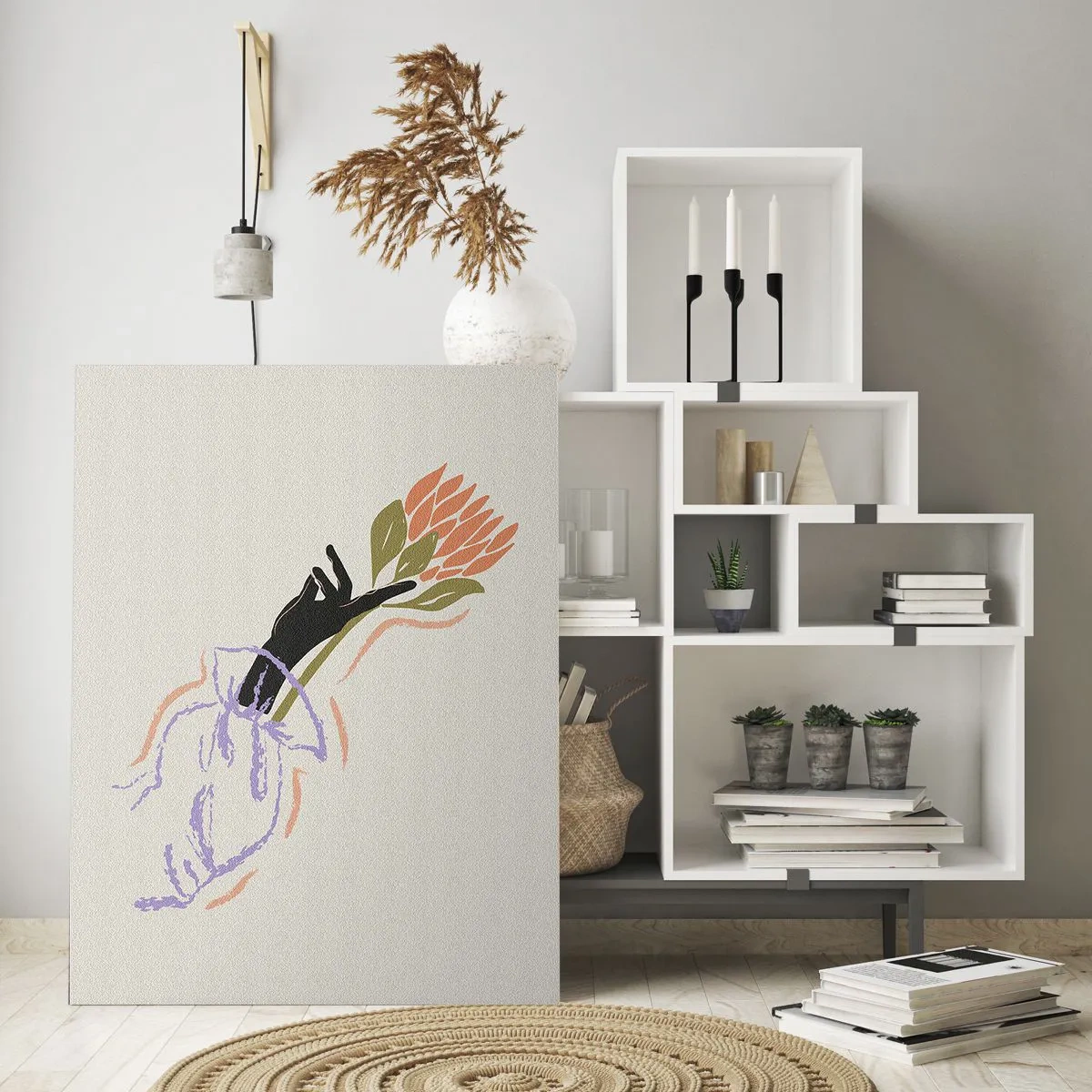 Glasbild - Bild auf glas - Ein minimalistischer Blumenstrauß im zarten Stil - 70x100cm - Schwesterliche Berührung - Moderne Wanddekoration für Wohnzimmer und Schlafzimmer ARTTOR