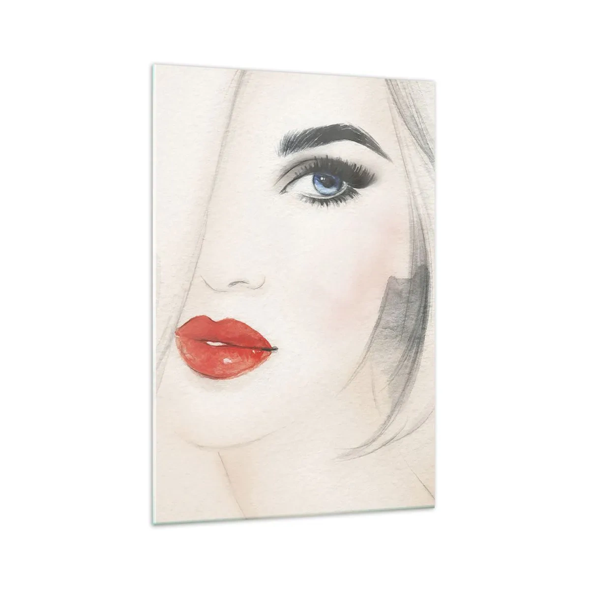 Glasbild - Bild auf glas - Ein minimalistisches Porträt einer Frau mit blauen Augen und roten Lippen. - 70x100cm - Es hypnotisiert und berauscht - Moderne Wanddekoration für Wohnzimmer und Schlafzimmer ARTTOR