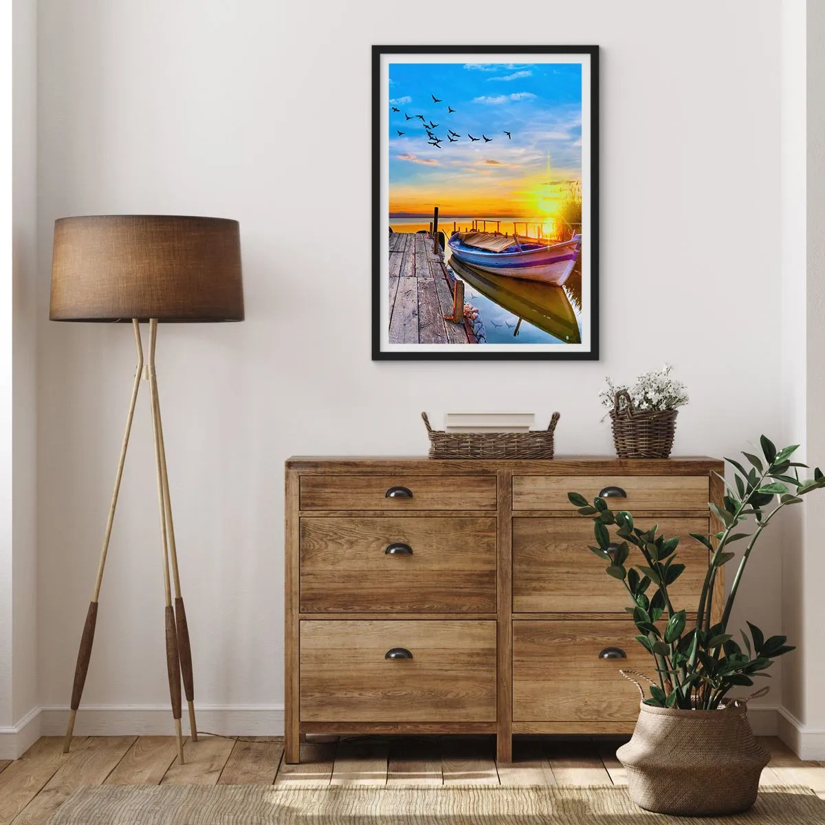 Poster in einem schwarzem Rahmen - Ein Boot auf einem See bei Sonnenuntergang mit Vögeln im Hintergrund - 50x70cm - Bis morgen - Moderne Wanddekoration für Wohnzimmer und Schlafzimmer ARTTOR