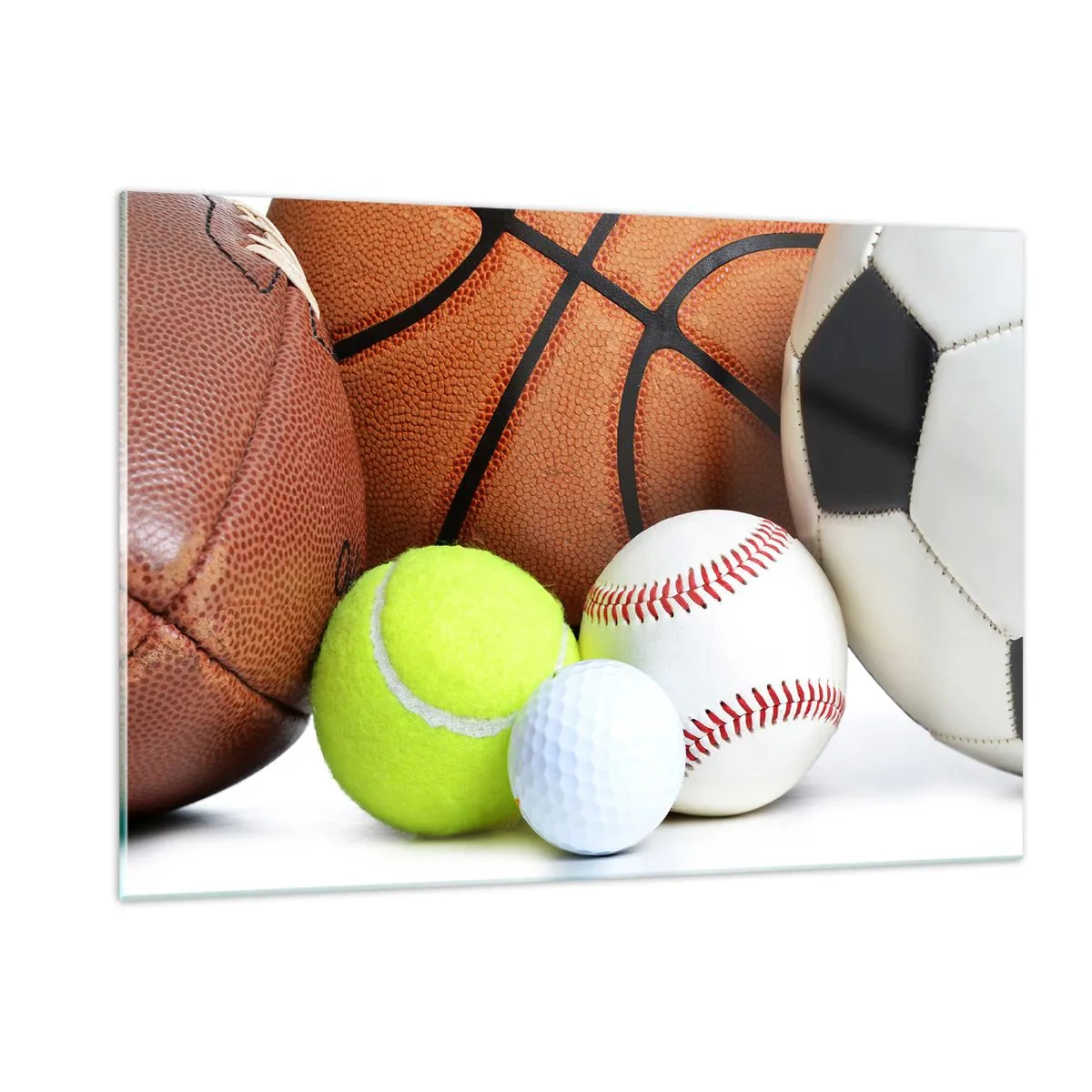 Glasbild - Bild auf glas - Eine Reihe von Sportbällen auf weißem Hintergrund - 120x80cm - Fußball verbindet uns! - Moderne Wanddekoration für Wohnzimmer und Schlafzimmer ARTTOR