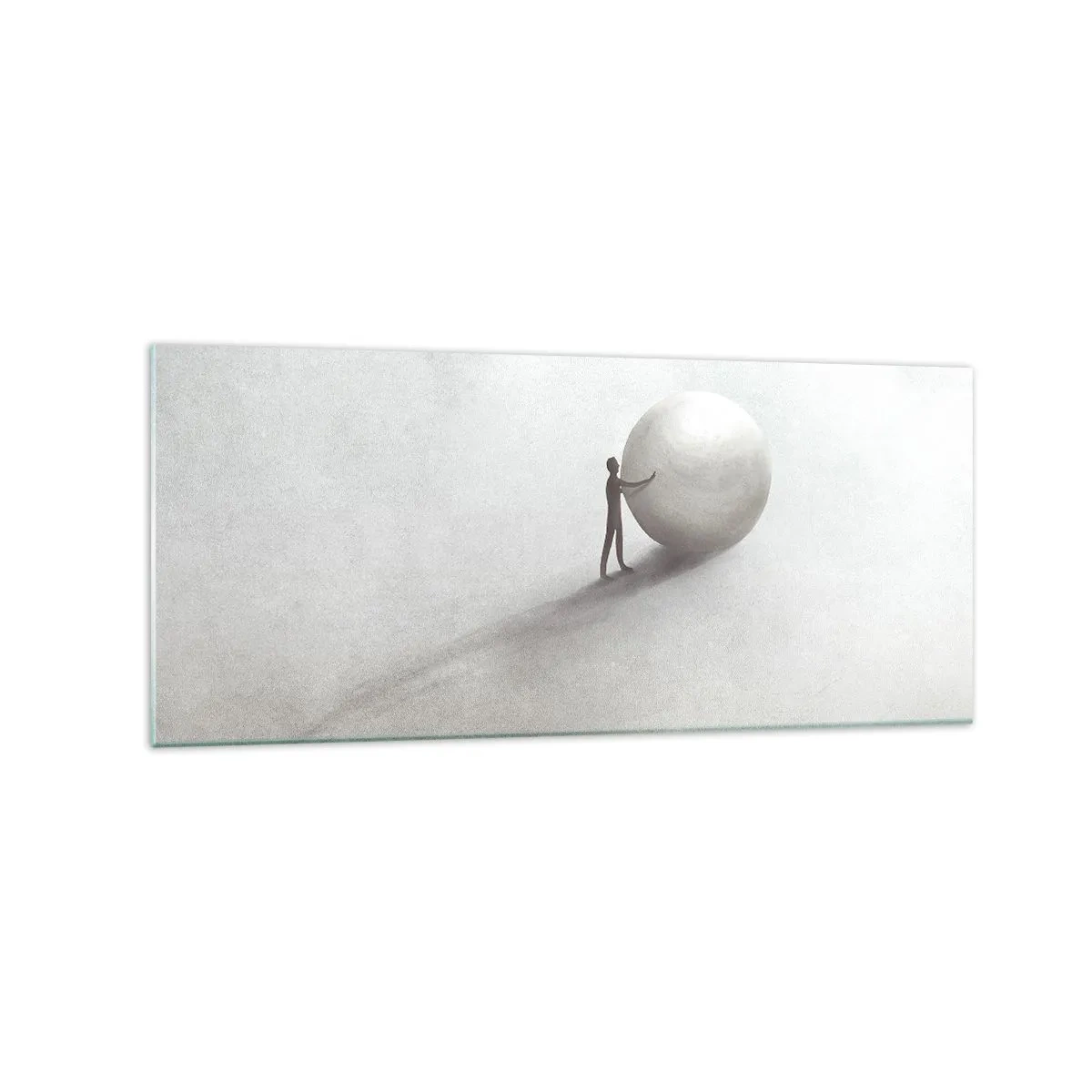 Glasbild - Bild auf glas - Eine minimalistische Figur mit einem Ball auf einem hellen, monochromen Hintergrund. - 120x50cm - Das Spiel des Lebens - Moderne Wanddekoration für Wohnzimmer und Schlafzimmer ARTTOR