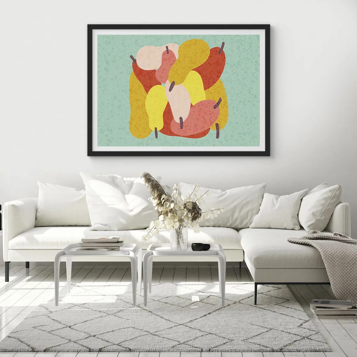 Poster in einem schwarzem Rahmen - Bunte abstrakte Birnen auf grünem Hintergrund - 70x50cm - Probieren Sie die Sommersonne - Moderne Wanddekoration für Wohnzimmer und Schlafzimmer ARTTOR