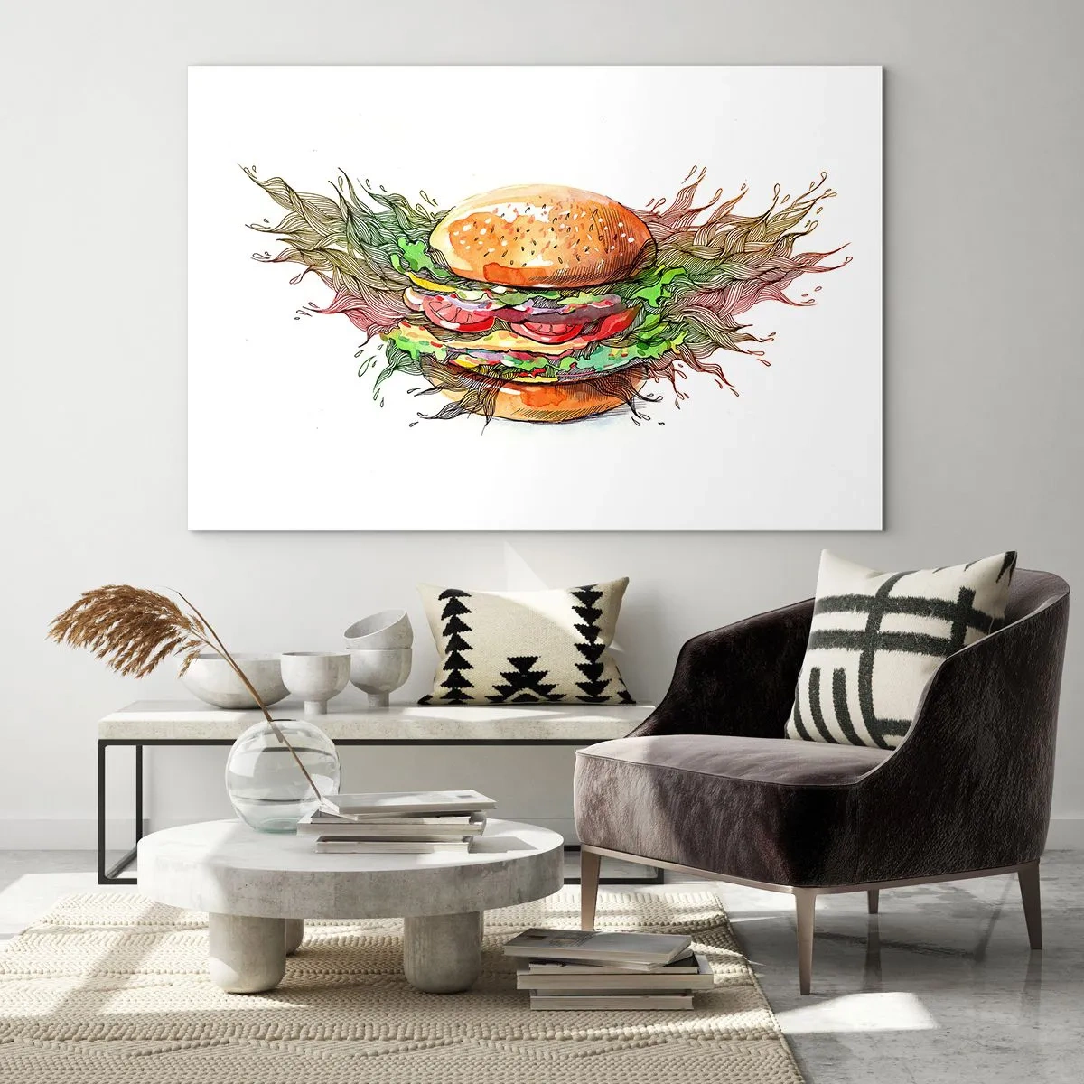 Glasbild - Bild auf glas - Künstlerische Zeichnung eines Burgers mit Aquarelldetails - 100x70cm - Heiße Versuchung - Moderne Wanddekoration für Wohnzimmer und Schlafzimmer ARTTOR