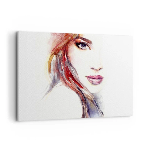 Bild auf Leinwand - Leinwandbild - Ein subtiles Aquarell eines Frauengesichts mit ausdrucksstarkem Blick. - 120x80cm - Vademecum - folge mir - Moderne Wanddekoration für Wohnzimmer und Schlafzimmer ARTTOR