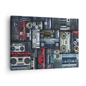 Bild auf Leinwand - Leinwandbild - Eine Collage aus Retro-Tonbandgeräten und Vintage-Lautsprechern. - 70x50cm - Sehnsucht nach den 1980er Jahren - Moderne Wanddekoration für Wohnzimmer und Schlafzimmer ARTTOR