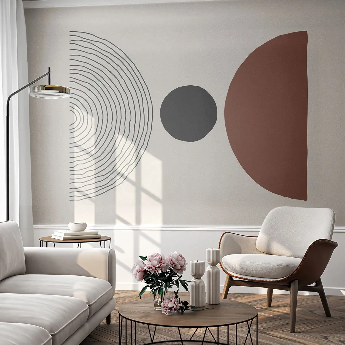Fototapete Premium Sand - Minimalistische Grafik mit Kreisen und Halbkreisen auf beigem Hintergrund - 100x70cm - Das Zentrum der Aufmerksamkeit - Moderne Wanddekoration für Wohnzimmer und Schlafzimmer ARTTOR