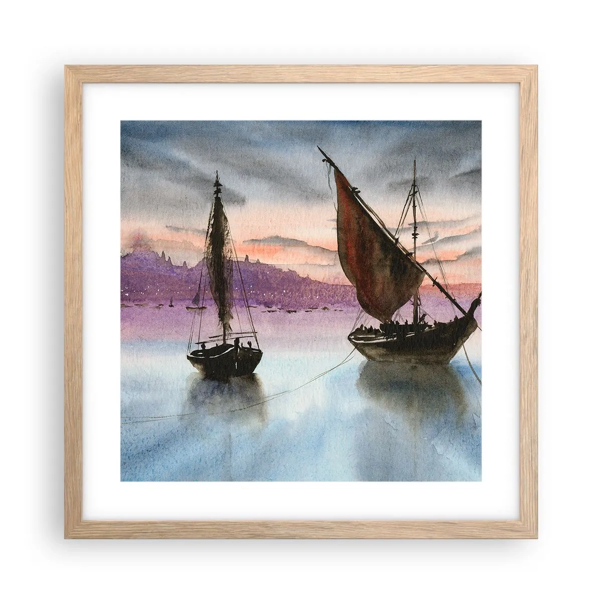 Poster in einem Rahmen aus heller Eiche - Abend am Hafen - 40x40 cm