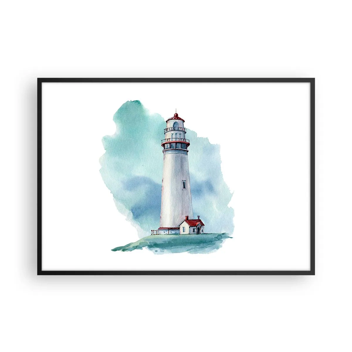 Poster in einem schwarzem Rahmen - Ein Leuchtturm vor einem aquarellblauen Hintergrund - 100x70cm - Sanfte Schwester vom Blau - Moderne Wanddekoration für Wohnzimmer und Schlafzimmer ARTTOR