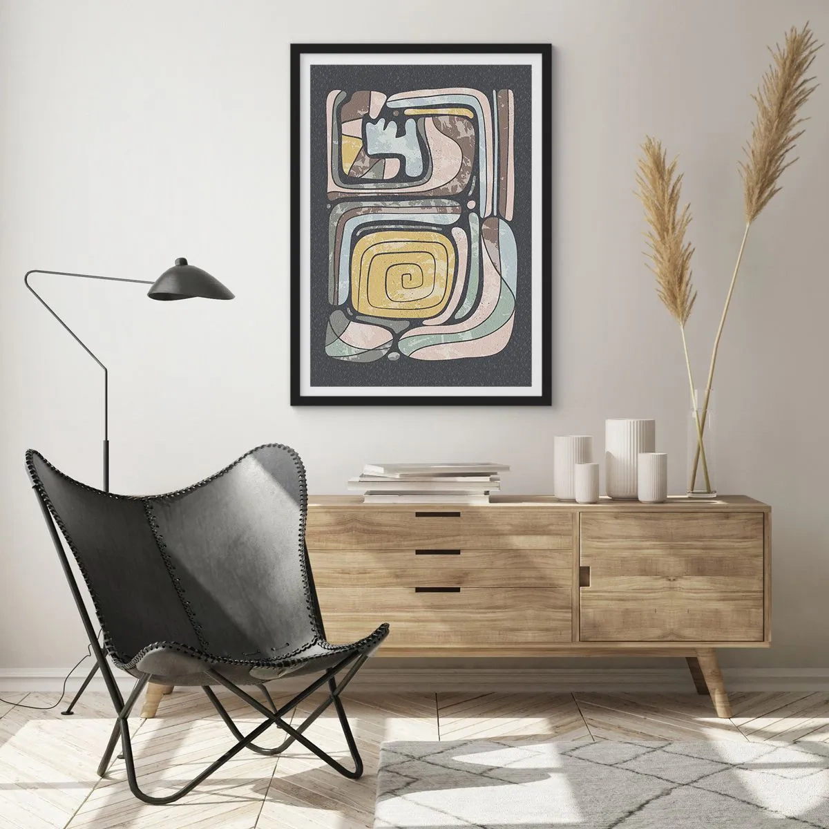 Poster in einem schwarzem Rahmen - Abstrakte Kunstwerke mit geometrischen Mustern in Erdtönen - 50x70cm - Abstraktion im präkolumbianischen Geist - Moderne Wanddekoration für Wohnzimmer und Schlafzimmer ARTTOR