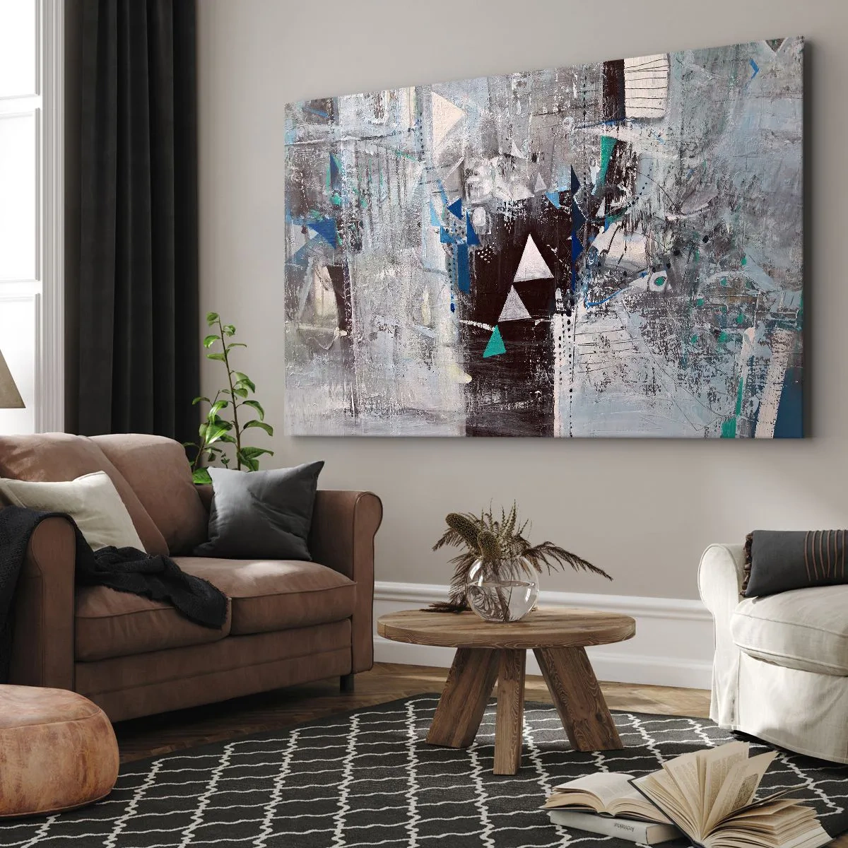 Bild auf Leinwand - Leinwandbild - Abstrakte Komposition mit Dreiecken und geometrischen Mustern - 70x50cm - Überschreibende Reihenfolge der Dreiecke - Moderne Wanddekoration für Wohnzimmer und Schlafzimmer ARTTOR