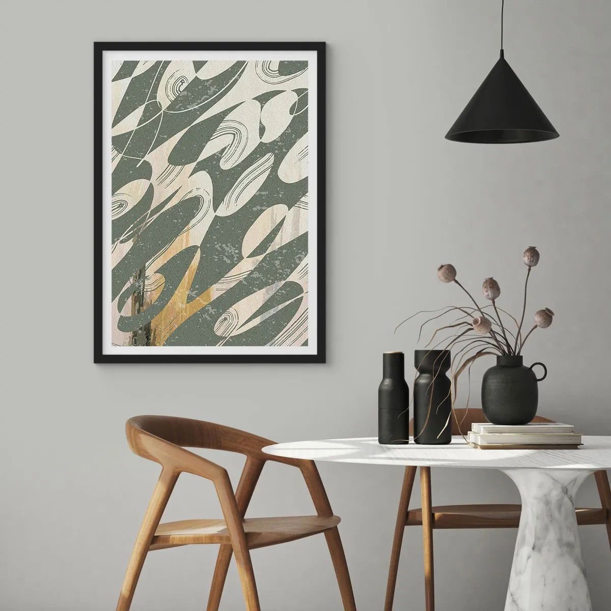 Poster in einem schwarzem Rahmen - Eine abstrakte Komposition aus organischen Formen in Grün und Beige. - 50x70cm - Rhythmische Abstraktion - Moderne Wanddekoration für Wohnzimmer und Schlafzimmer ARTTOR