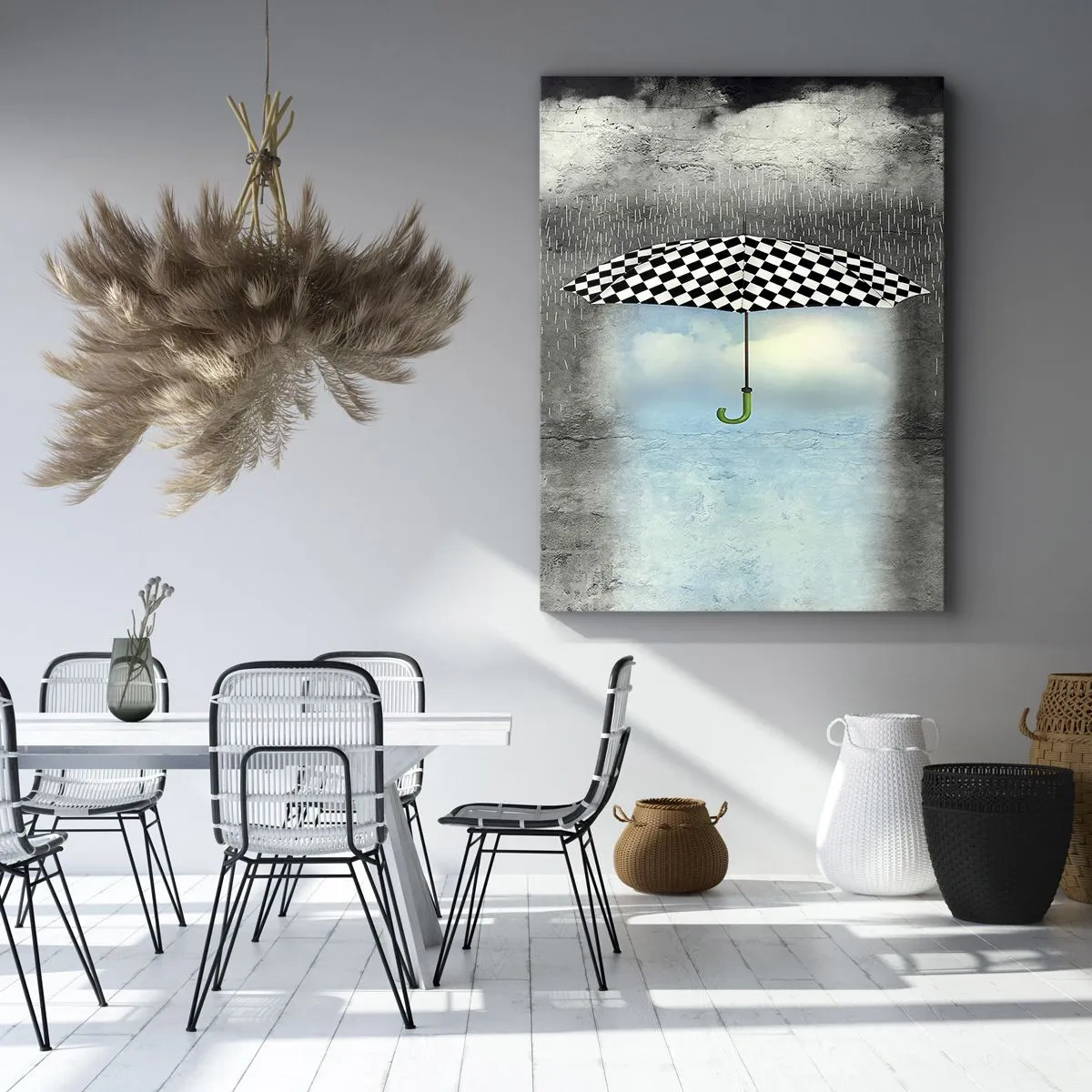 Bild auf Leinwand - Leinwandbild - Ein karierter Regenschirm über einer verregneten Landschaft - 50x70cm - Aber möglich - Moderne Wanddekoration für Wohnzimmer und Schlafzimmer ARTTOR