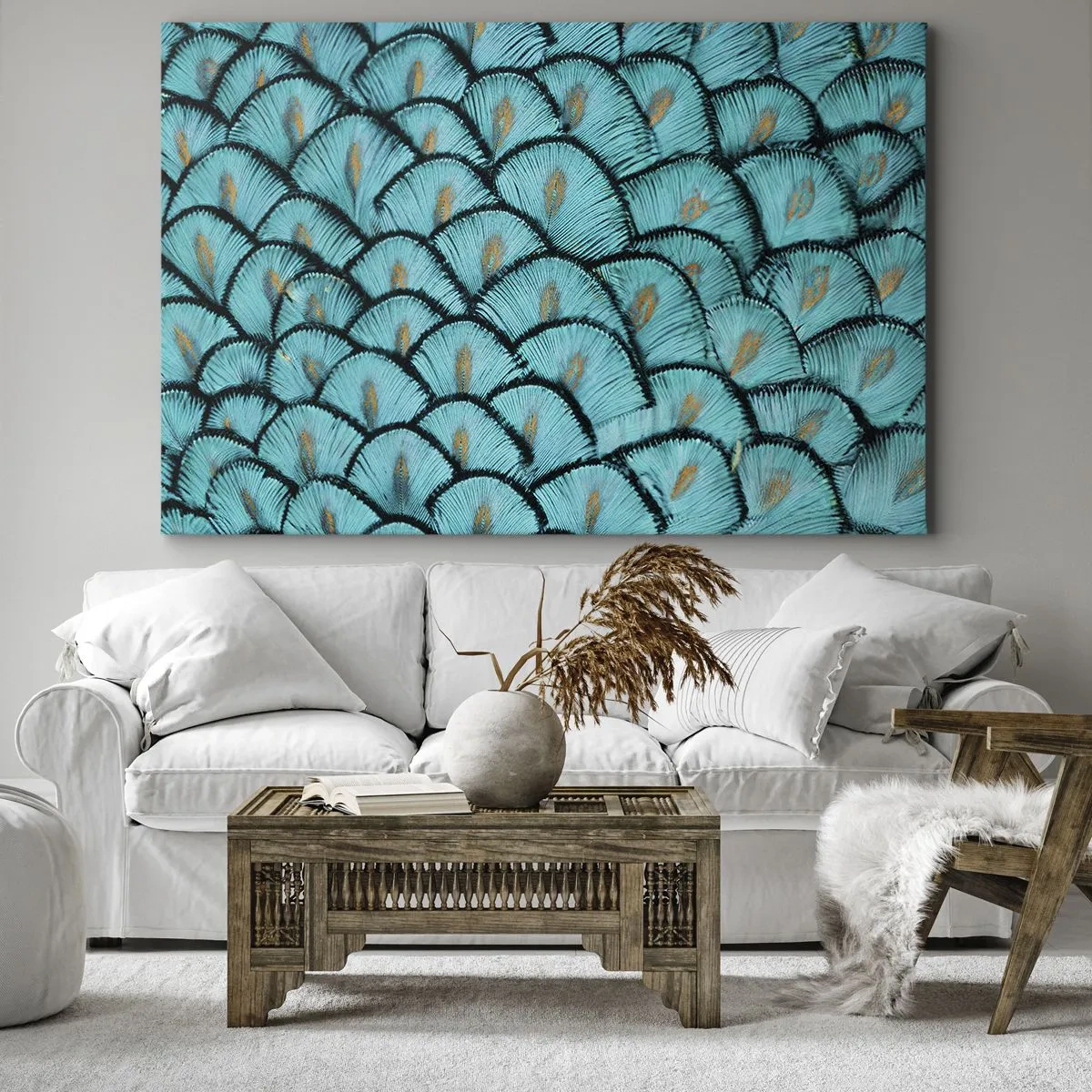 Bild auf Leinwand - Leinwandbild - Ein Muster, das türkisfarbenen Schuppen mit goldenen Akzenten ähnelt - 70x50cm - Große Federgala - Moderne Wanddekoration für Wohnzimmer und Schlafzimmer ARTTOR