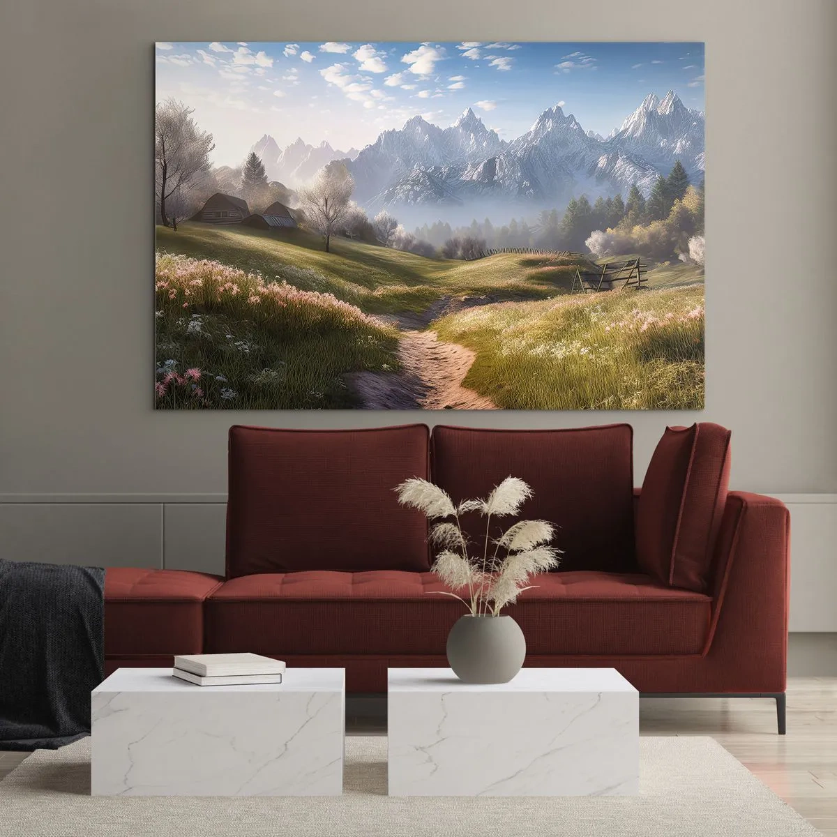 Glasbild - Bild auf glas - Frühlingslandschaft mit einem Tal, Blumen und Bergen im Hintergrund am Morgen - 70x50cm - Idyllisches Tal - Moderne Wanddekoration für Wohnzimmer und Schlafzimmer ARTTOR