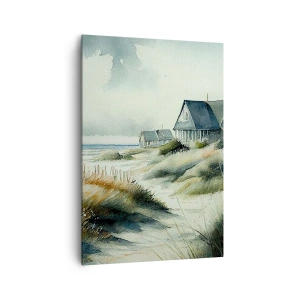 Bild auf Leinwand - Leinwandbild - Ein Haus am Meer, umgeben von Gras und mit Blick auf das Meer - 70x100cm - Abseits vom Trubel - Moderne Wanddekoration für Wohnzimmer und Schlafzimmer ARTTOR