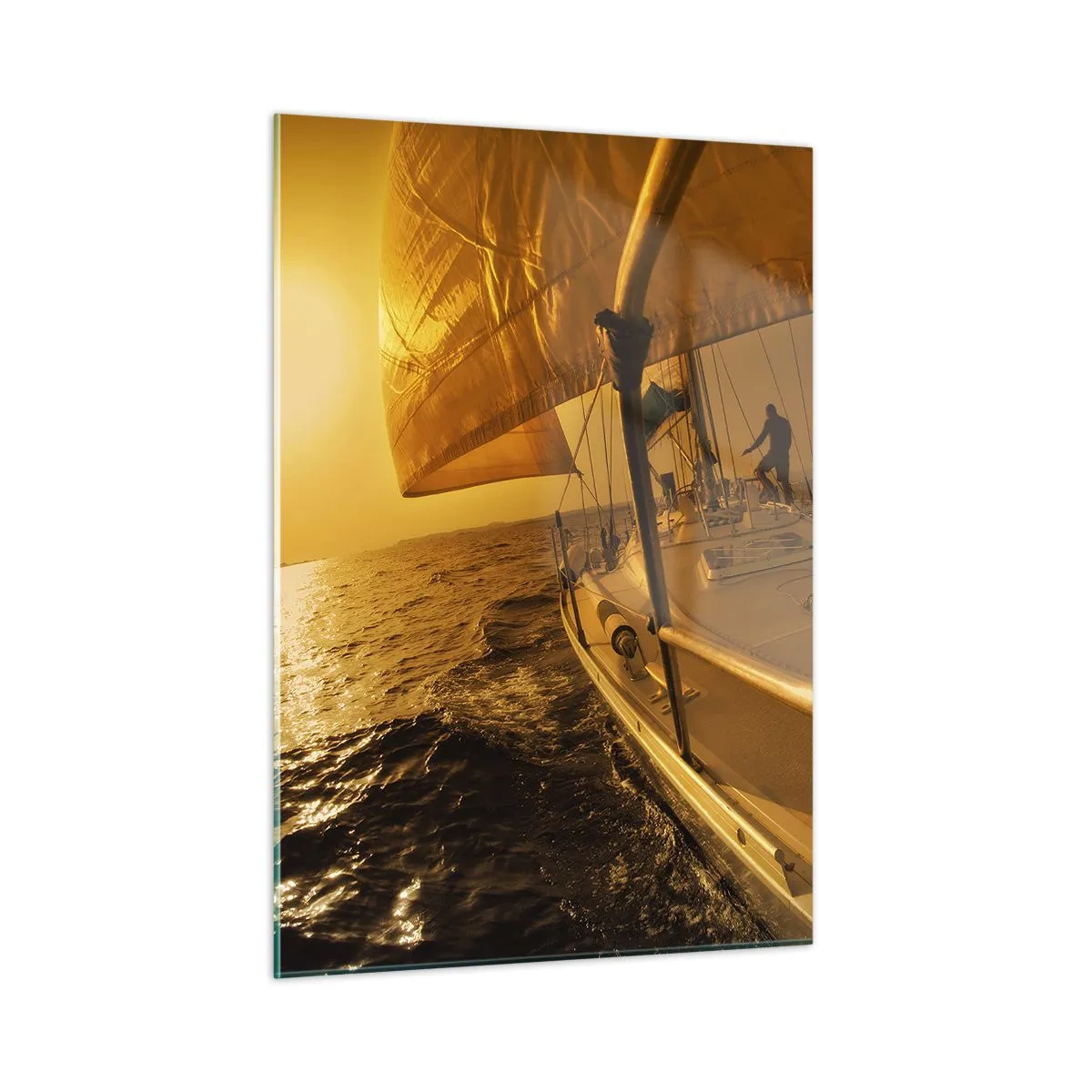 Glasbild - Bild auf glas - Ein Segelboot vor der Kulisse der untergehenden Sonne - 50x70cm - Ein goldener Abend nach einem bunten Tag - Moderne Wanddekoration für Wohnzimmer und Schlafzimmer ARTTOR