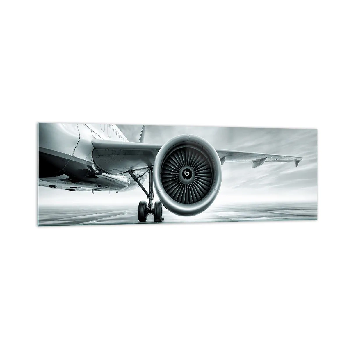 Glasbild - Bild auf glas - Das Düsentriebwerk eines Flugzeugs auf dem Rollfeld - 160x50cm - Die Macht ist da! - Moderne Wanddekoration für Wohnzimmer und Schlafzimmer ARTTOR