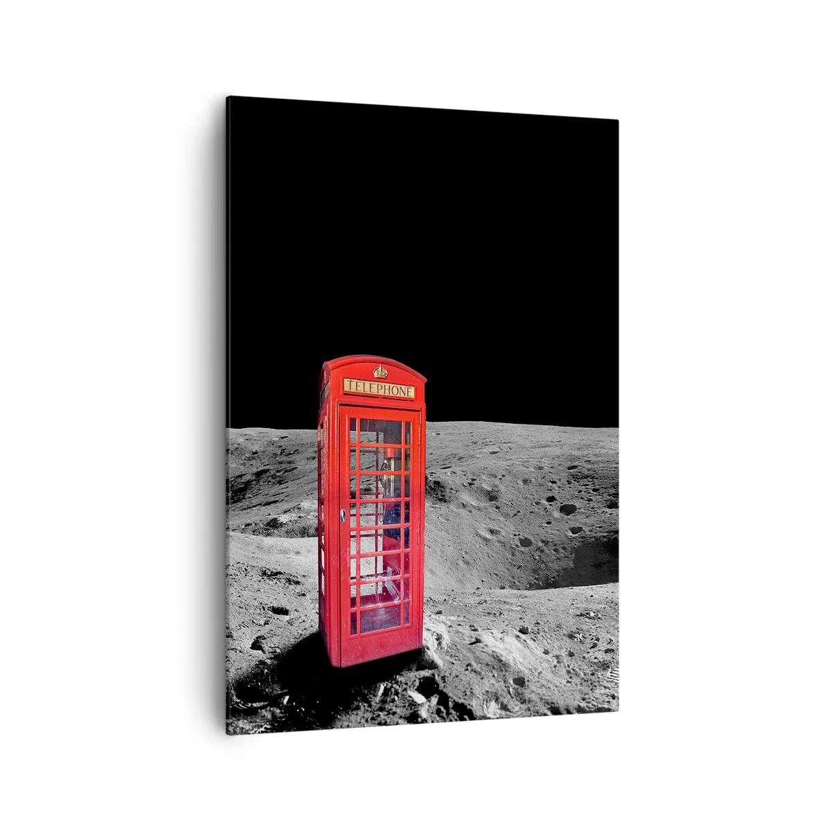 Bild auf Leinwand - Leinwandbild - Rote Telefonzelle auf dem Mond - 70x100cm - Ein kosmischer Witz - Moderne Wanddekoration für Wohnzimmer und Schlafzimmer ARTTOR