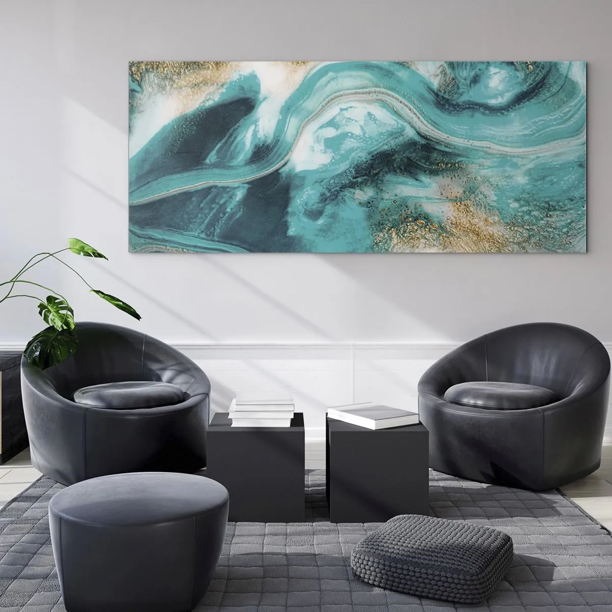 Glasbild - Bild auf glas - Türkisfarbene Abstraktion mit weißen und goldenen Akzenten - 120x50cm - Der Fluss aus Gold - Moderne Wanddekoration für Wohnzimmer und Schlafzimmer ARTTOR