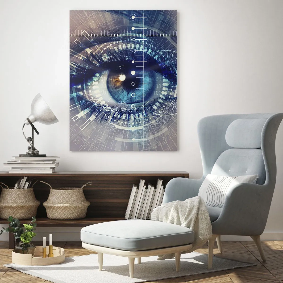 Glasbild - Bild auf glas - Ein digitales Auge mit futuristischer Technologie und Datenthema - 50x70cm - Du denkst du kennst mich - Moderne Wanddekoration für Wohnzimmer und Schlafzimmer ARTTOR
