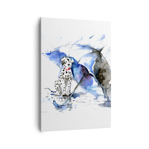 Bild auf Leinwand - Leinwandbild - Aquarellmalerei eines Dalmatiners mit einem Regenschirm im Hintergrund - 70x100cm - Dafür ist ein Freund da - Moderne Wanddekoration für Wohnzimmer und Schlafzimmer ARTTOR