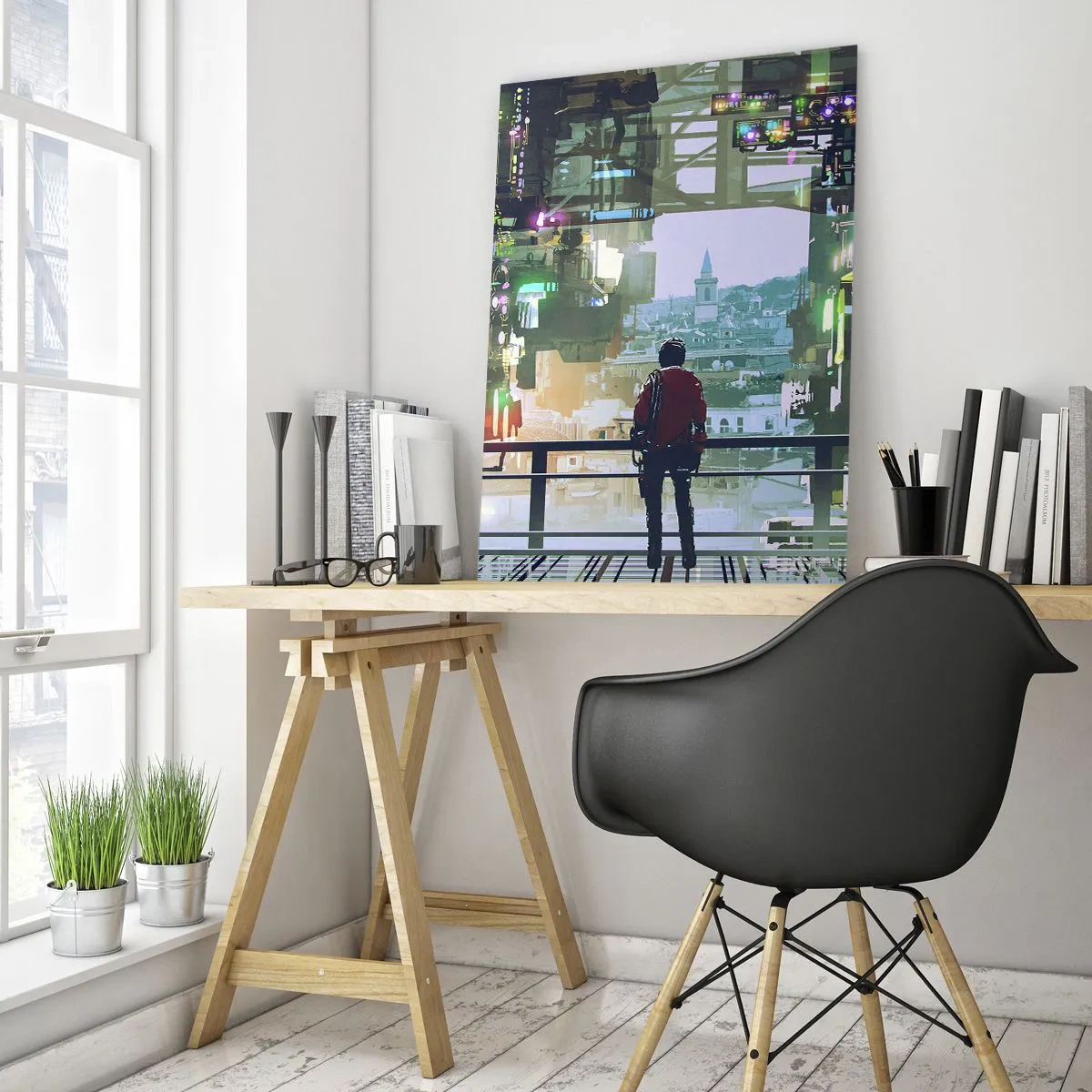 Glasbild - Bild auf glas - Eine Figur vor dem Hintergrund einer futuristischen Stadt mit Blick auf die Altstadt - 50x70cm - Zwei Welten - Moderne Wanddekoration für Wohnzimmer und Schlafzimmer ARTTOR