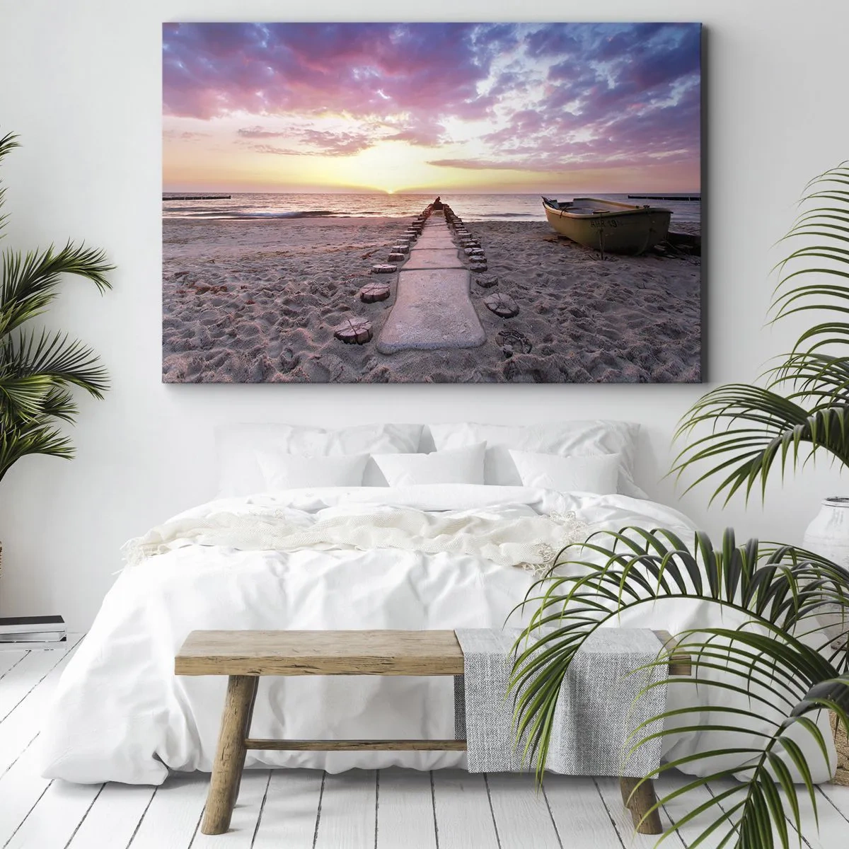 Bild auf Leinwand - Leinwandbild - Sunrise Beach mit Boot und Pier - 70x50cm - Ein Moment tiefer Erfahrung - Moderne Wanddekoration für Wohnzimmer und Schlafzimmer ARTTOR