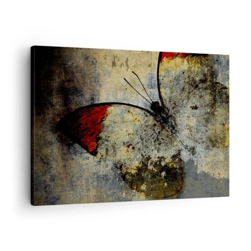 Bild auf Leinwand - Leinwandbild - Ein Schmetterling in Rot- und Grautönen auf strukturiertem Hintergrund - 70x50cm - Pass auf, bevor ich verschwinde - Moderne Wanddekoration für Wohnzimmer und Schlafzimmer ARTTOR