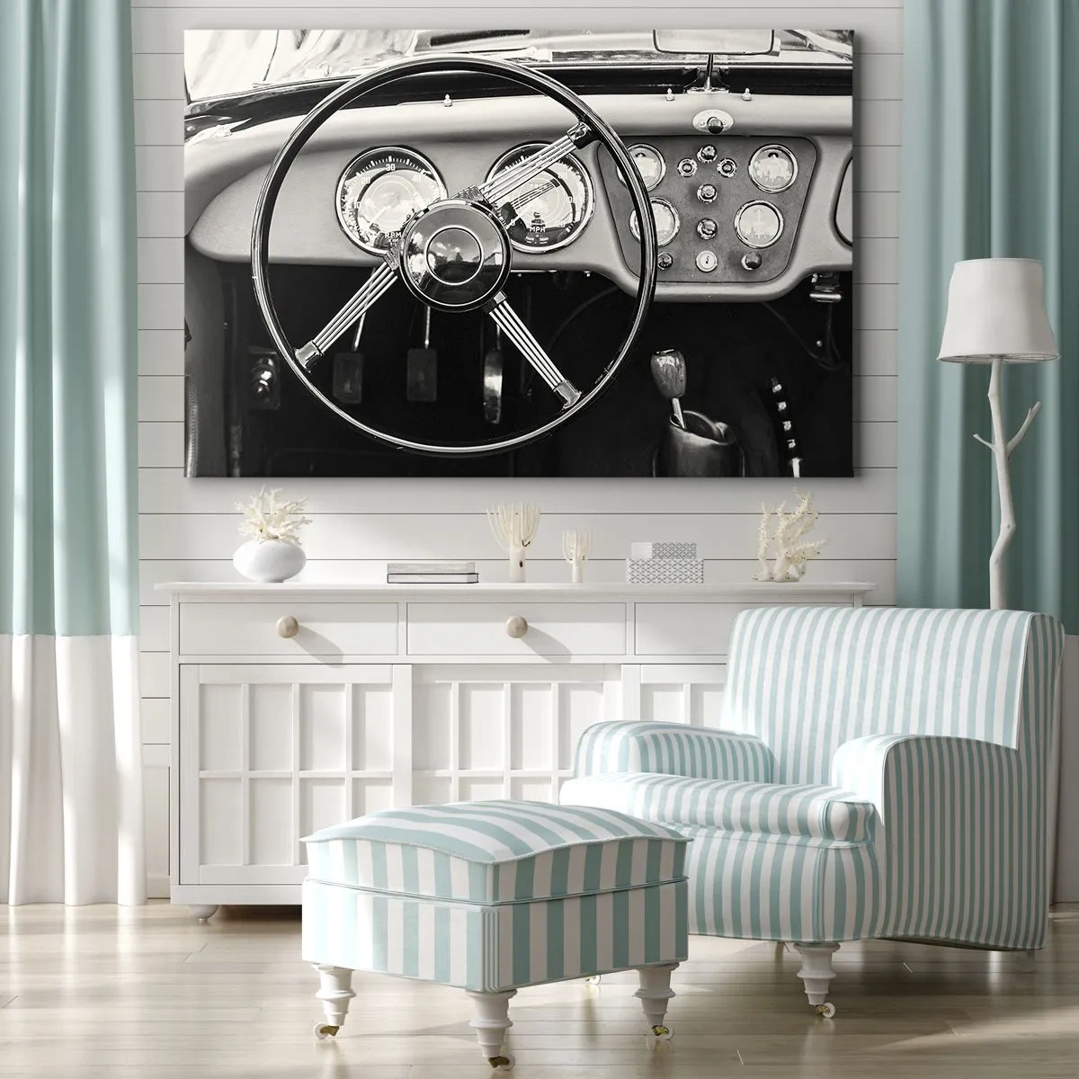 Bild auf Leinwand - Leinwandbild - Schwarz-weißes Oldtimer-Interieur - 100x70cm - Ein Sammlertraum - Moderne Wanddekoration für Wohnzimmer und Schlafzimmer ARTTOR